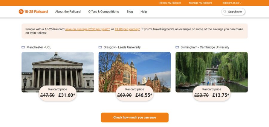 6-25 Railcard webpage showing travel savings. Three images compare original and discounted rail prices for routes: Manchester-UCL, Glasgow-Leeds University, and Birmingham-Cambridge University