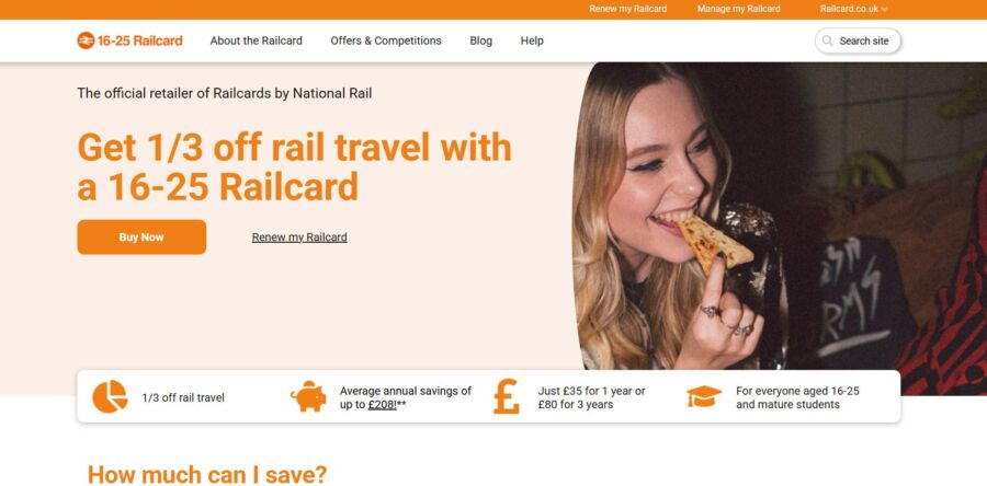 Woman enjoys pizza with a happy expression, next to text promoting a 16-25 Railcard offer for one-third off rail travel
