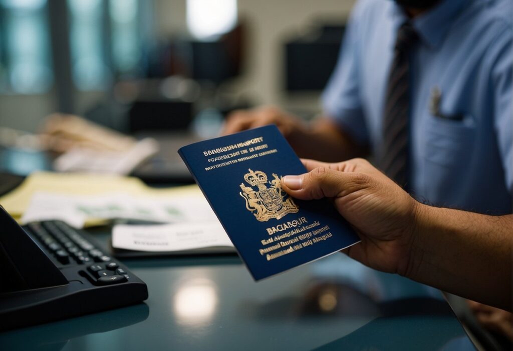 Person holding a Bangladesh passport over a desk.