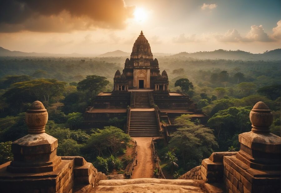 ancient temple sunrise landscape