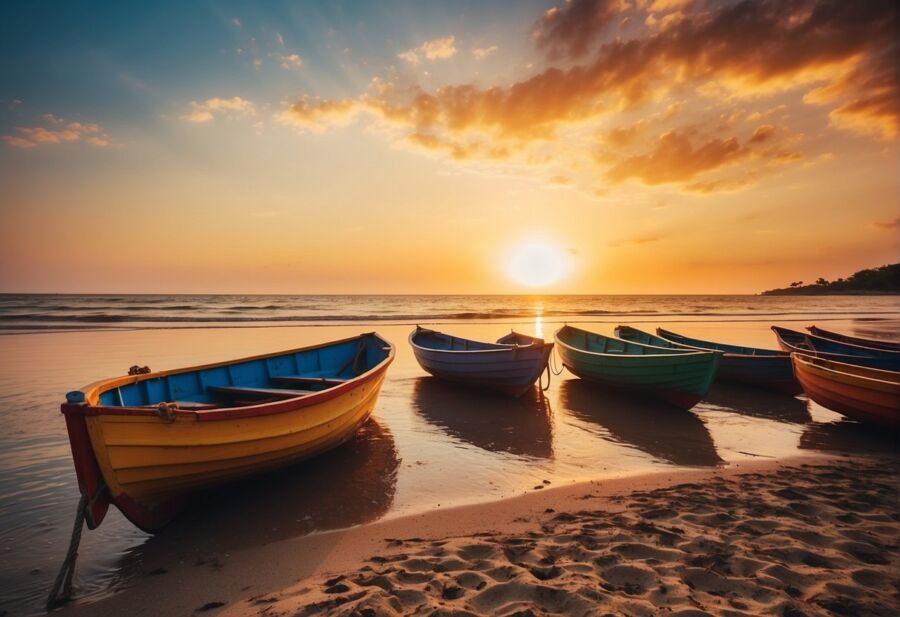 boats on beach sunset scene