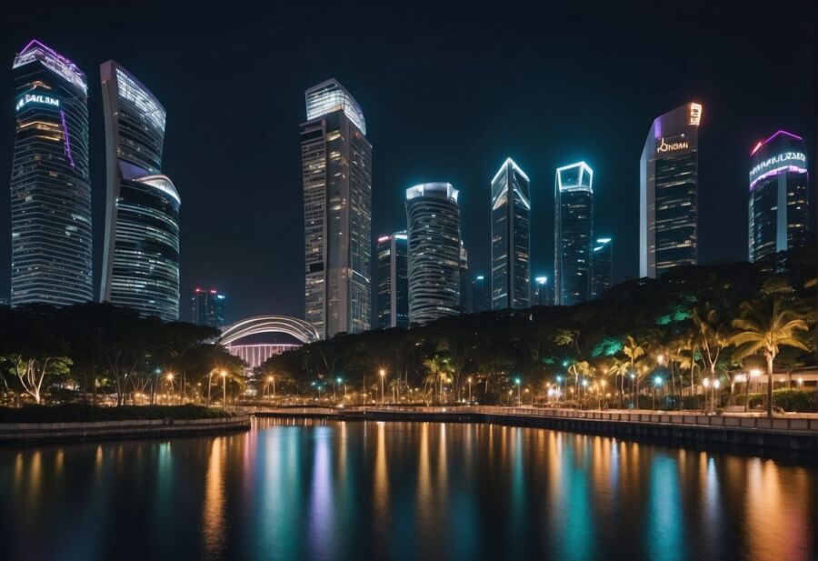 city skyline night lights reflection