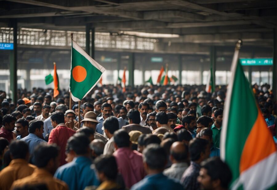 crowded indian station flag scene