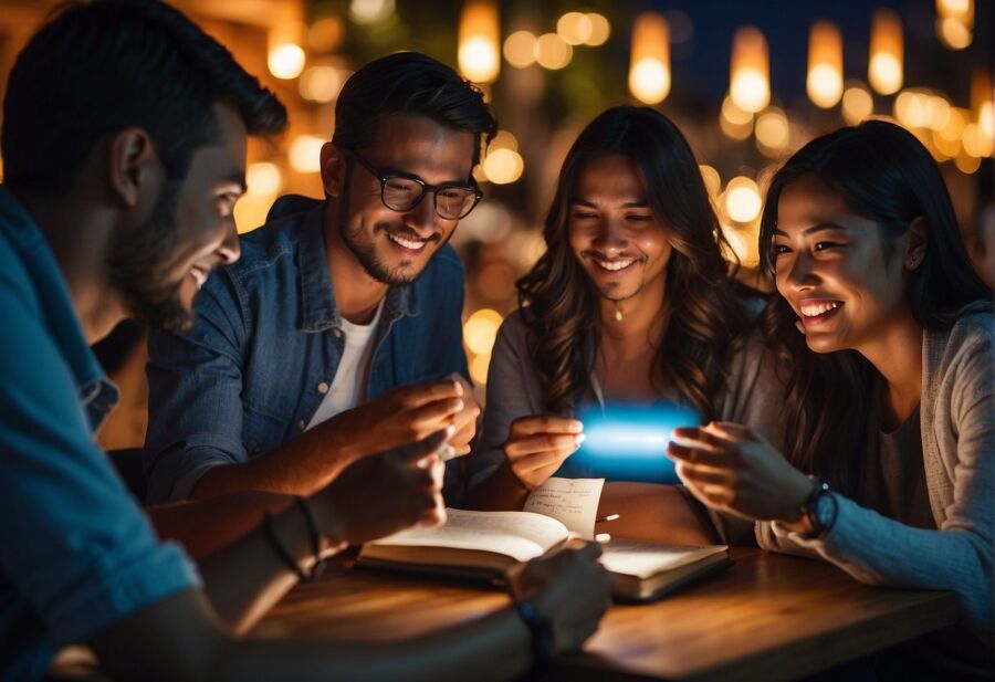 Group of friends enjoying evening at outdoor restaurant.