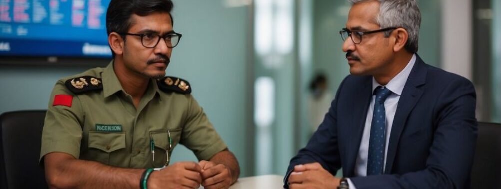 Military officer in discussion with civilian at business meeting.