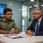 Military officer in discussion with civilian at business meeting.