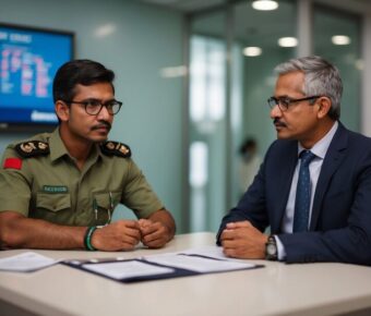 Military officer in discussion with civilian at business meeting.