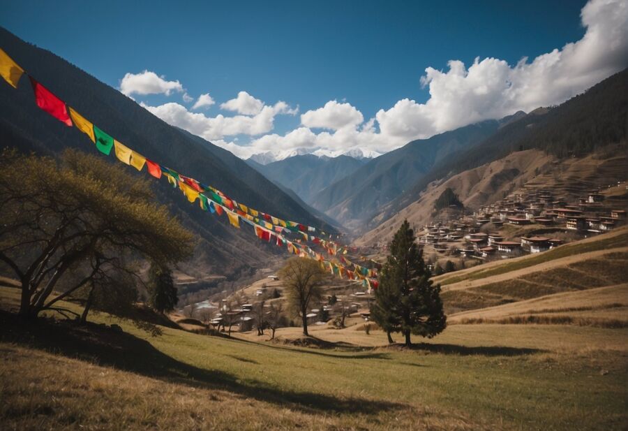 mountain valley prayer flags village