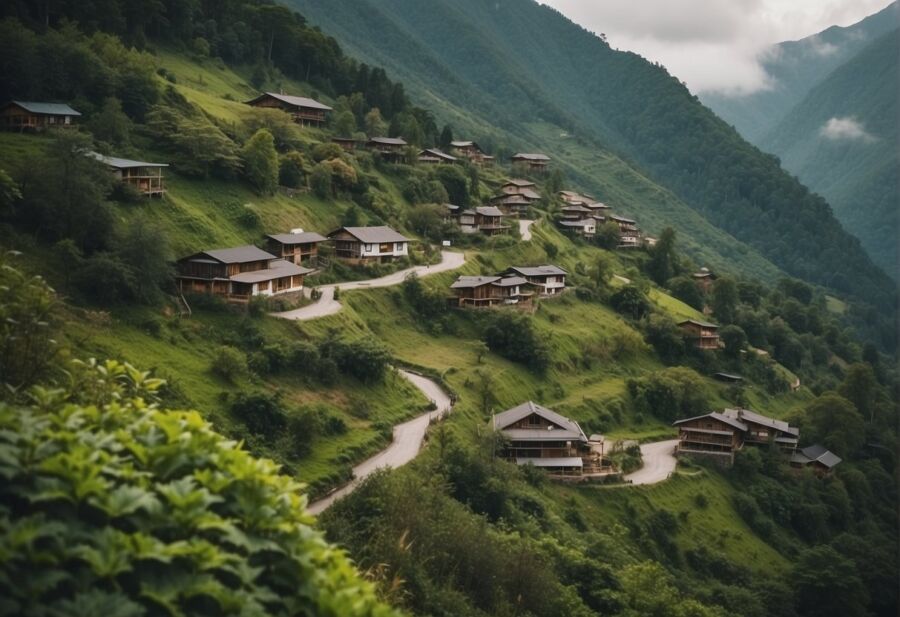 Idyllic mountain village with lush greenery and winding paths.