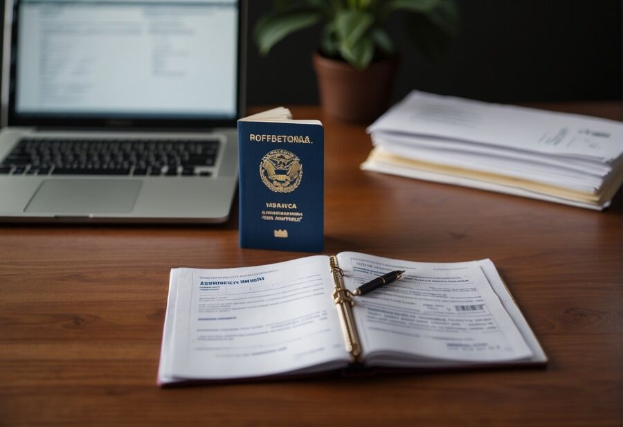 passport and open notebook on desk