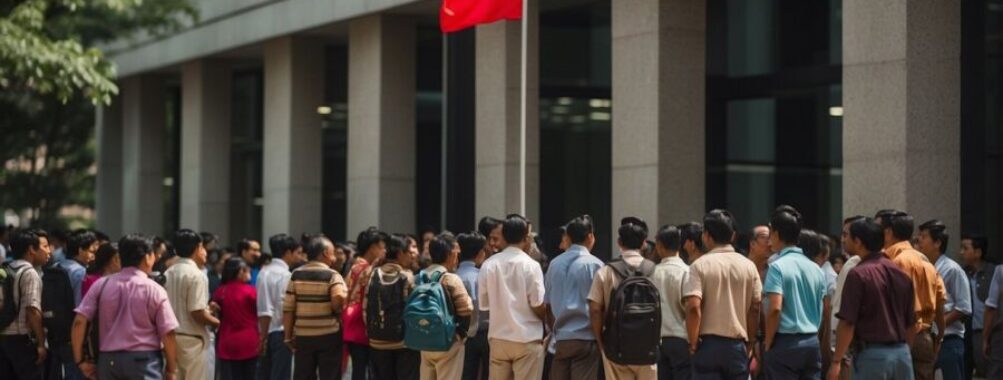 People Gathering by a China Flag