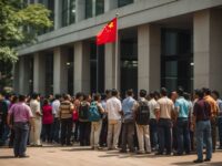 People Gathering by a China Flag