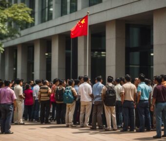 People Gathering by a China Flag