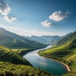 Sunset over peaceful river winding through green valley hills.