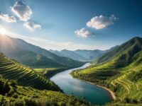 Sunset over peaceful river winding through green valley hills.