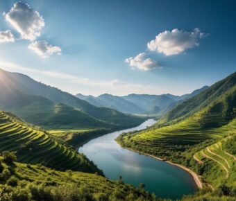 Sunset over peaceful river winding through green valley hills.