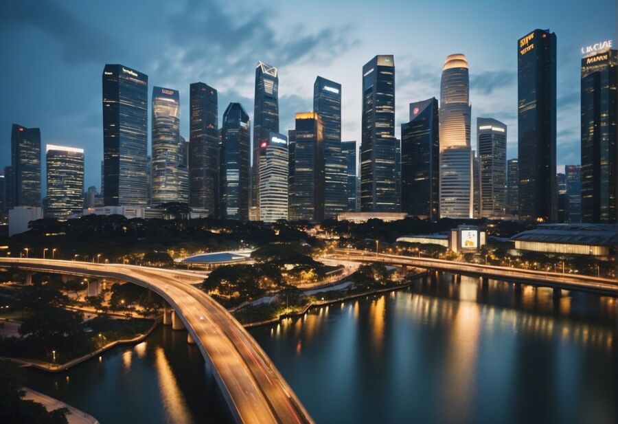 Singapore skyline at dusk with illuminated skyscrapers and waterfront.