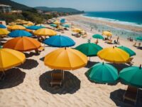 Sunny beach umbrellas in white sand beach