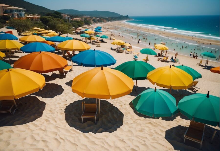 Sunny beach umbrellas in white sand beach