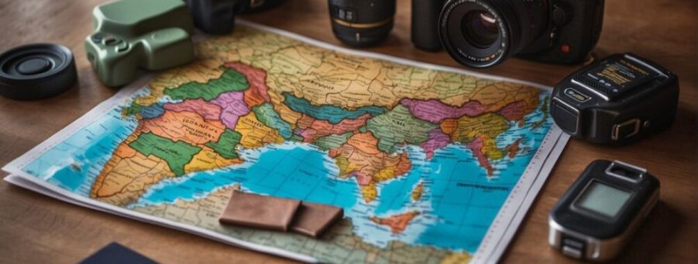 Travel photography gear and world map on a wooden table.
