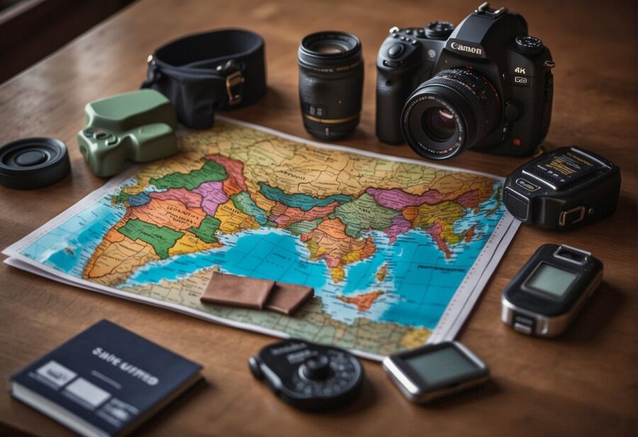 Travel photography gear and world map on a wooden table.