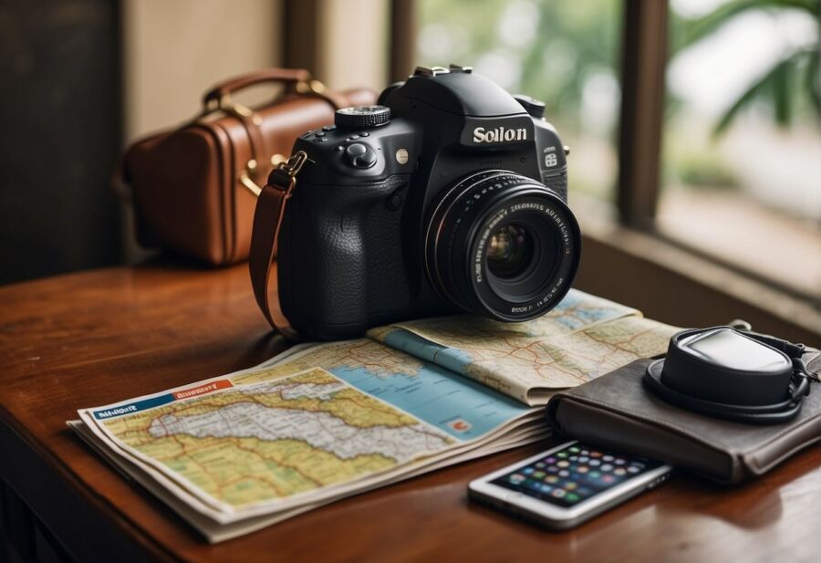 Camera, map, and smartphone on table for travel planning.