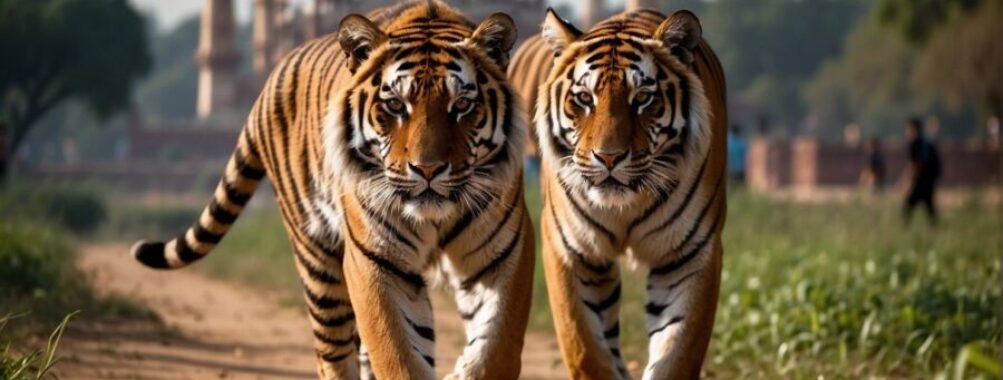 Two tigers walking with Taj Mahal in background