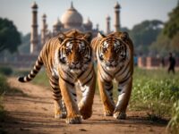 Two tigers walking with Taj Mahal in background