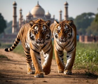 Two tigers walking with Taj Mahal in background