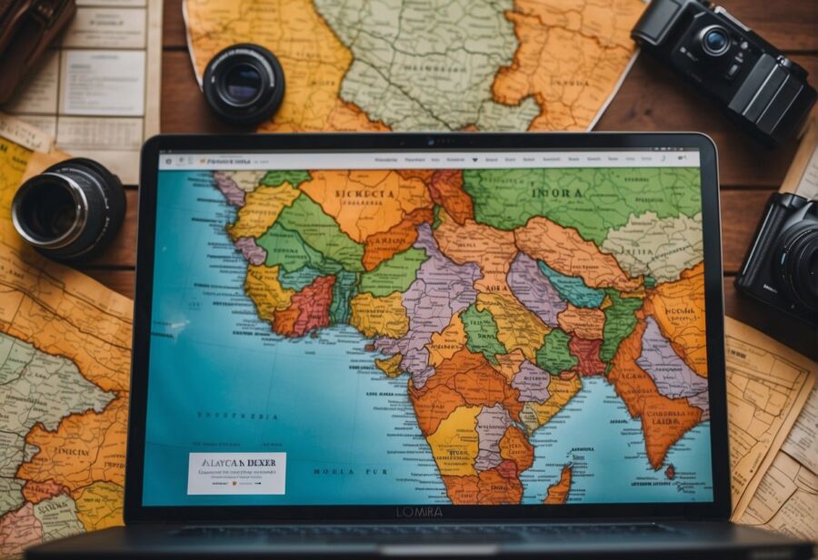 world map travel planning laptop