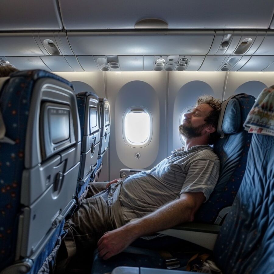 Man Sleeping on an Airplane in the Window Seat