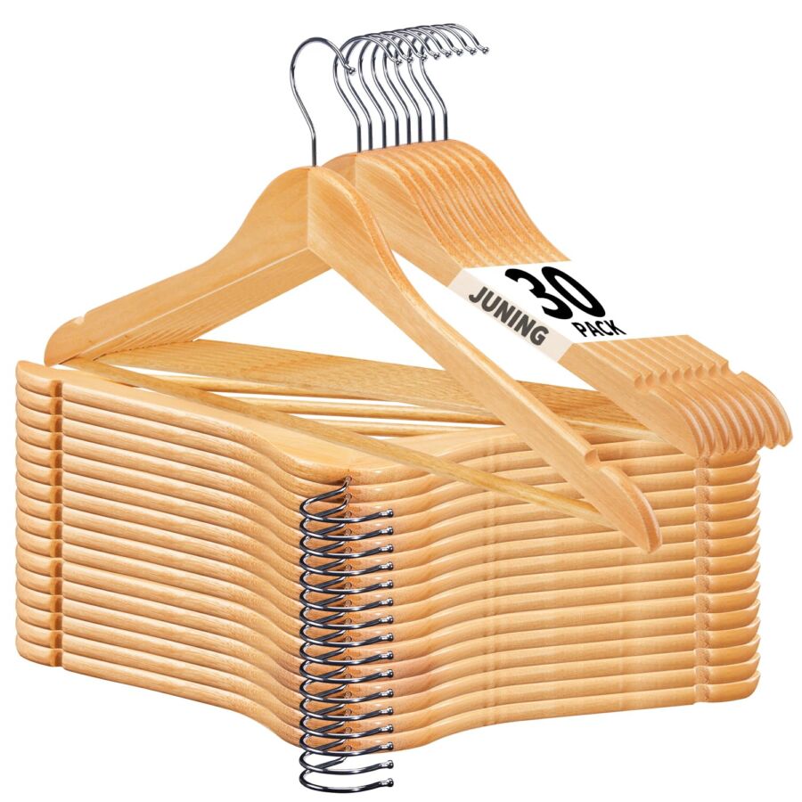 30-Pack Wooden Hangers with 360° Hook by JUNING
