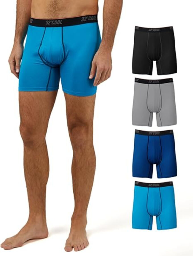 Men's 32 Degrees Cool Active boxer briefs, available in multiple colors, designed for comfort and active lifestyles.