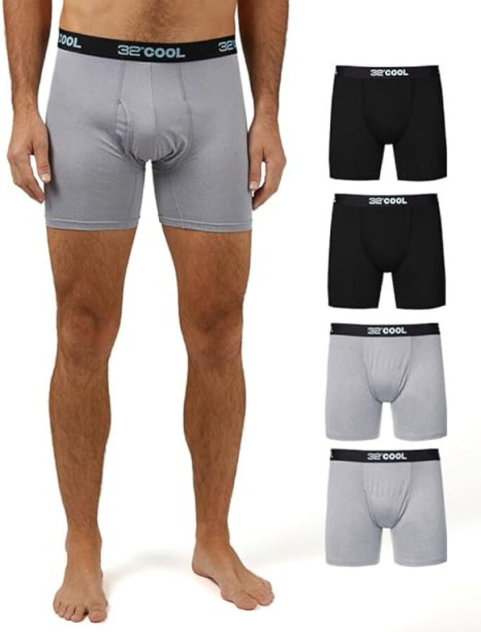 Men's 32 Degrees COOL Quick Dry Boxer Briefs in a 4-pack featuring various colors.