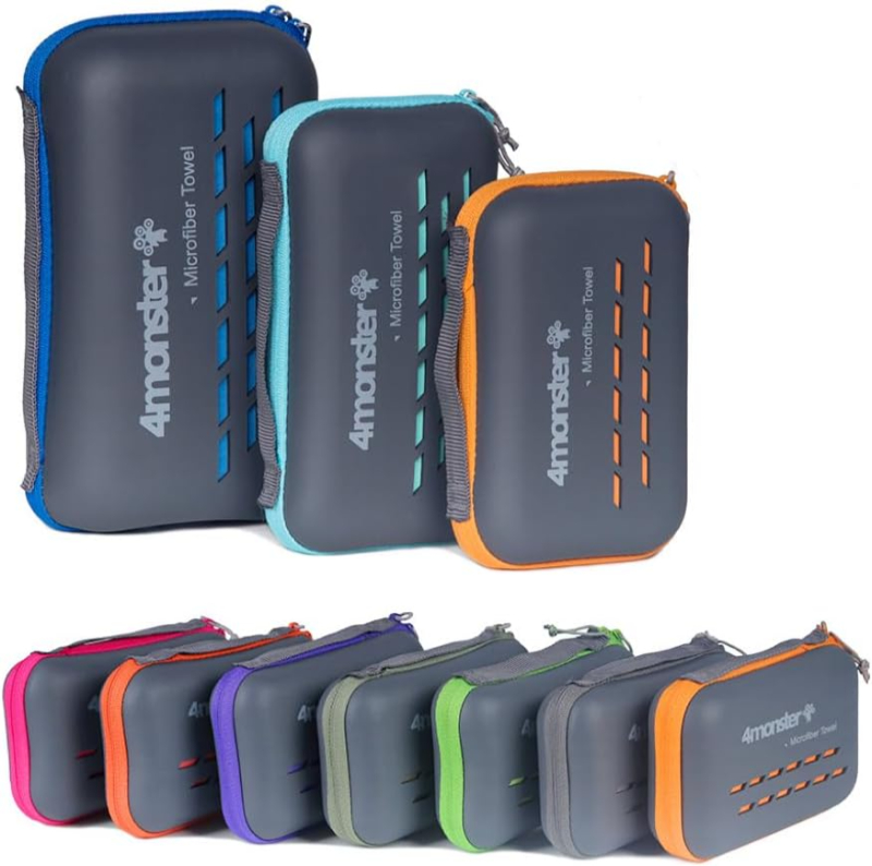Set of four colorful cases with a matching zipper, designed for the 4Monster Microfiber Camping Towel.