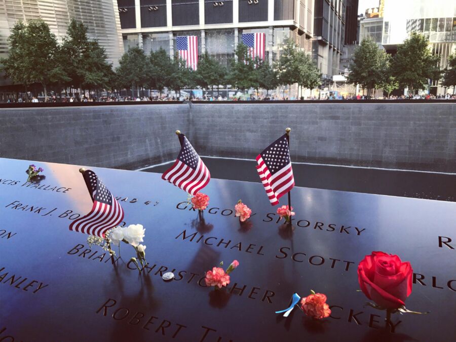 Flowers left at the 9-11 memorial