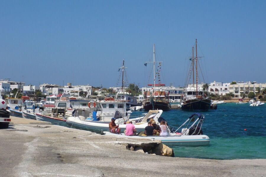 Clear blue sky with no clouds over Antiparos, Greece, creating a serene and sunny atmosphere.