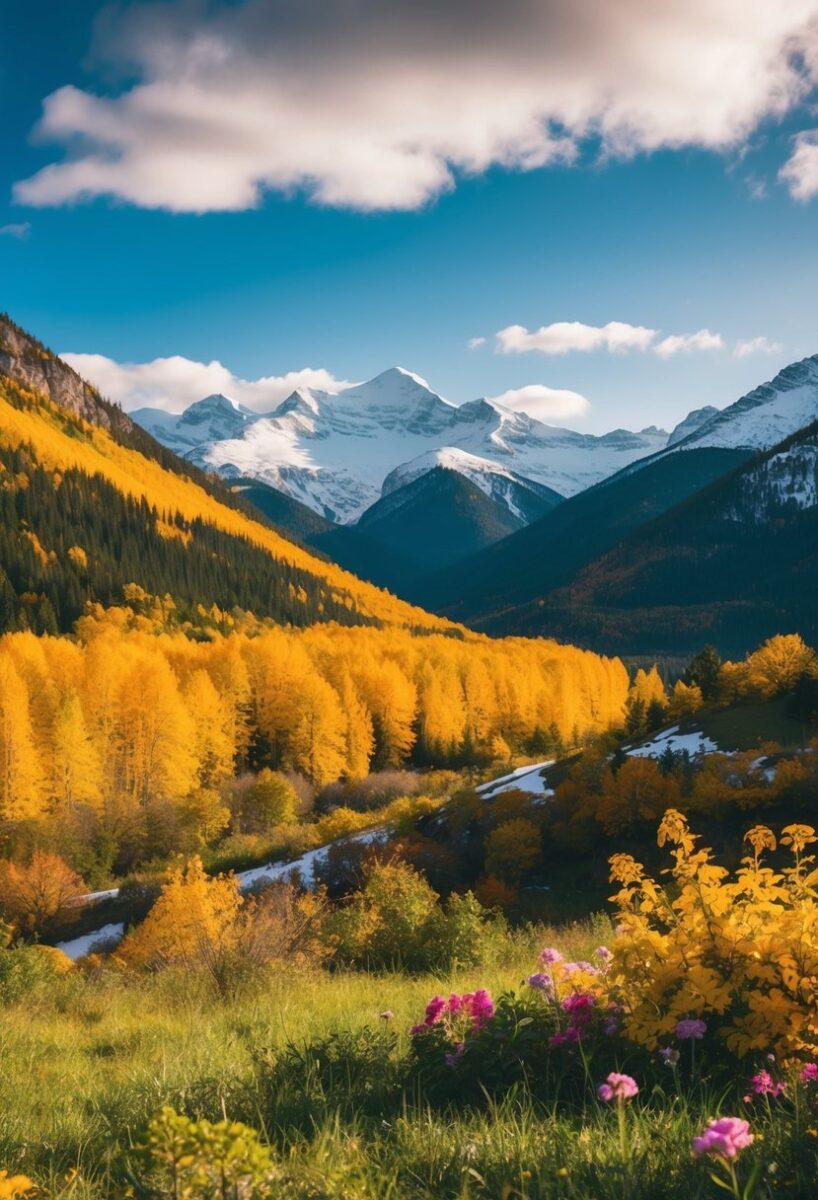 A vibrant landscape with changing foliage, blooming flowers, and snow-capped mountains, showcasing the importance of seasonality in travel