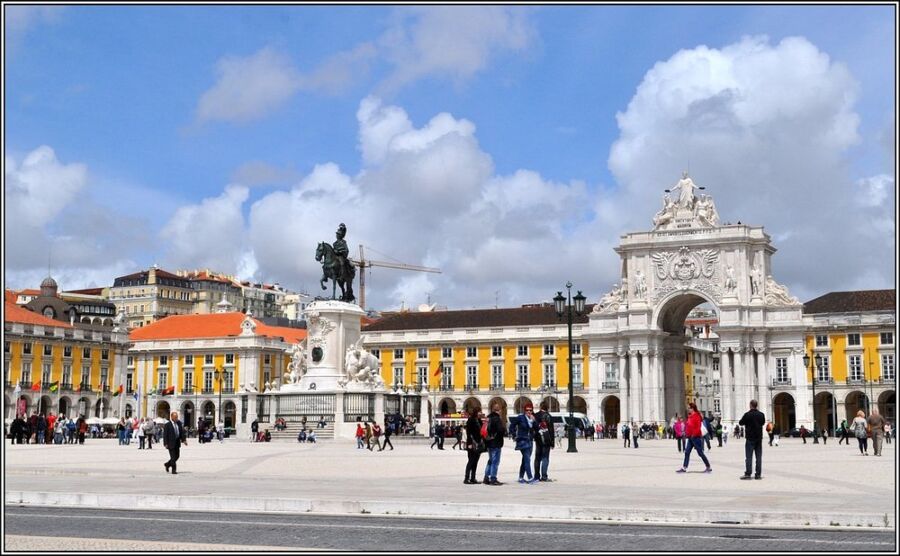 A busy square in Baixa, Lisbon, Portugal