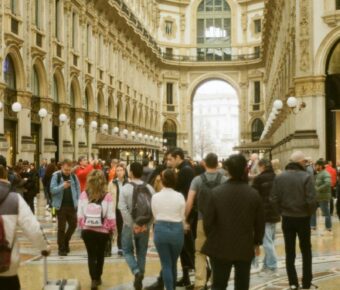 Bustling city streets of Milan, Italy