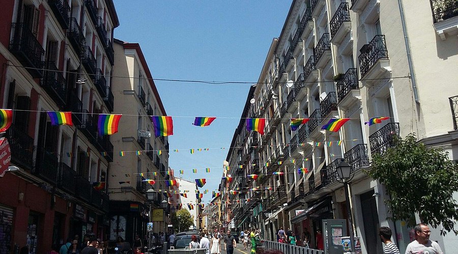 Rainbow flags in the proud LGBTQ district at Chueca