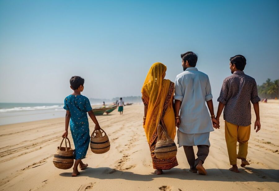 Family on a stroll by the beach with baskets