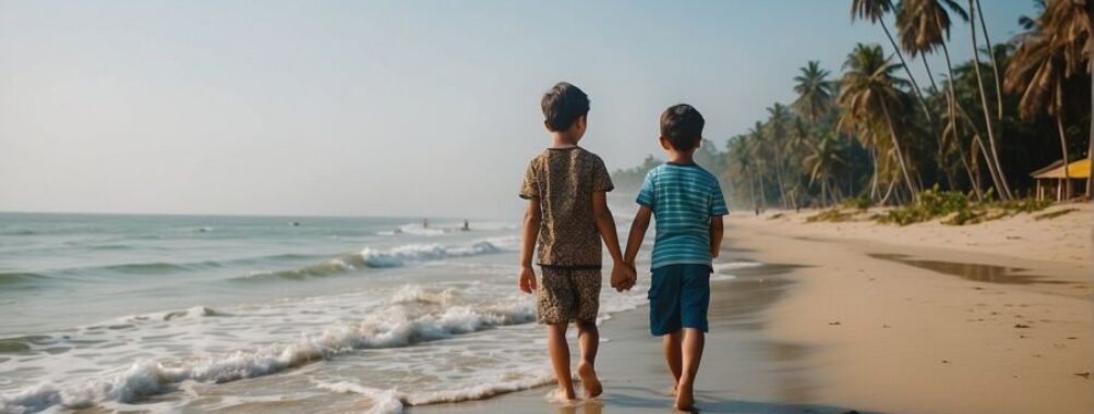 Brothers holding hands together by the beach