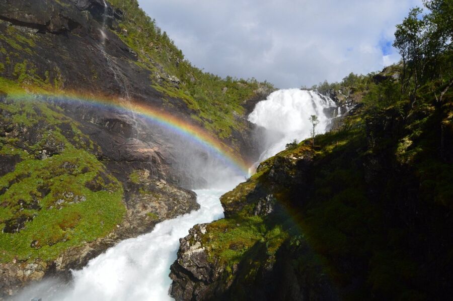 Beautiful rainbow over the Kjosfossen Falls