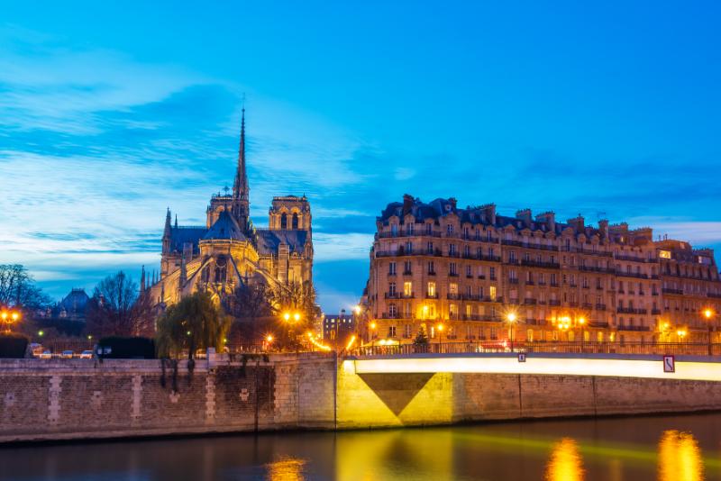 Notre dame at night in Paris, France