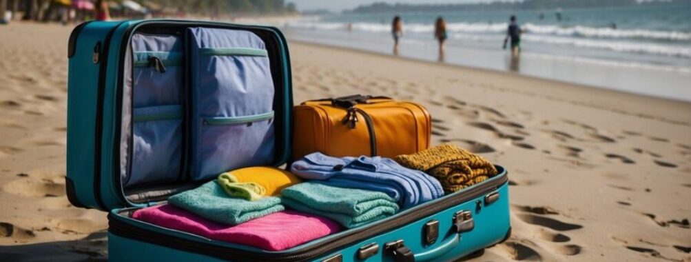 Open luggage bag with clothes at the beach