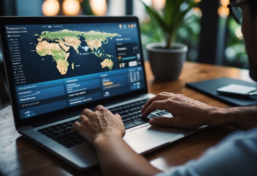 Man planning travel destination on laptop