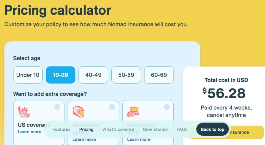 Pricing calculator at SafetyWing
