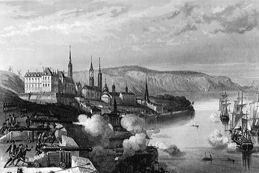 The batteries of Quebec fire on English ships in the 1690 Battle of Quebec