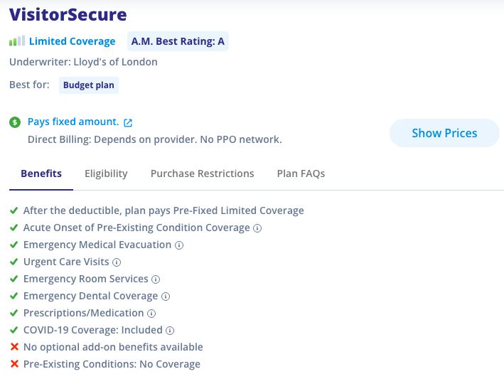 Sample international travel insurance coverage